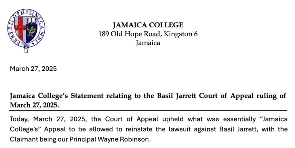 Jamaica College's Statement on the Basil Jarrett Court of Appeal Ruling